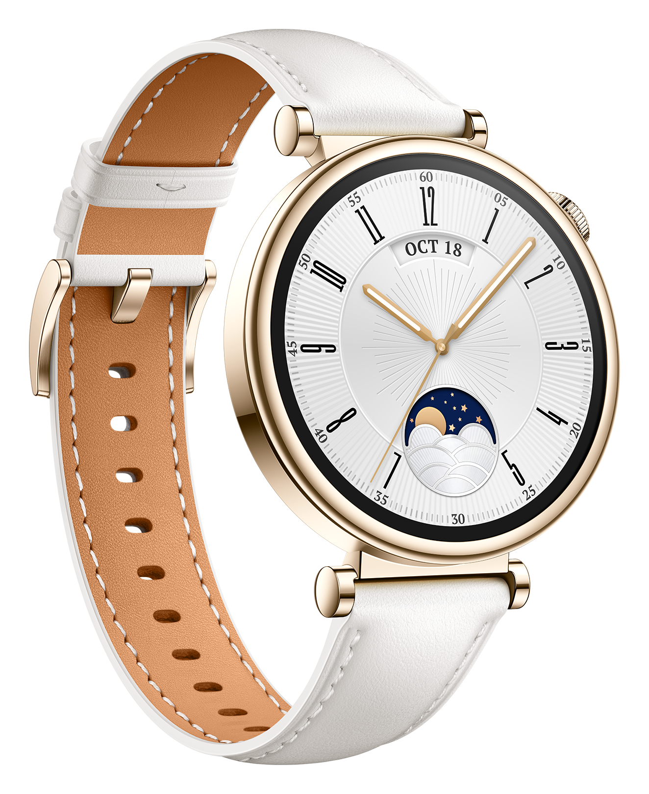 Huawei Watch GT 4 41mm Gold Stainless White Leather strap front left
