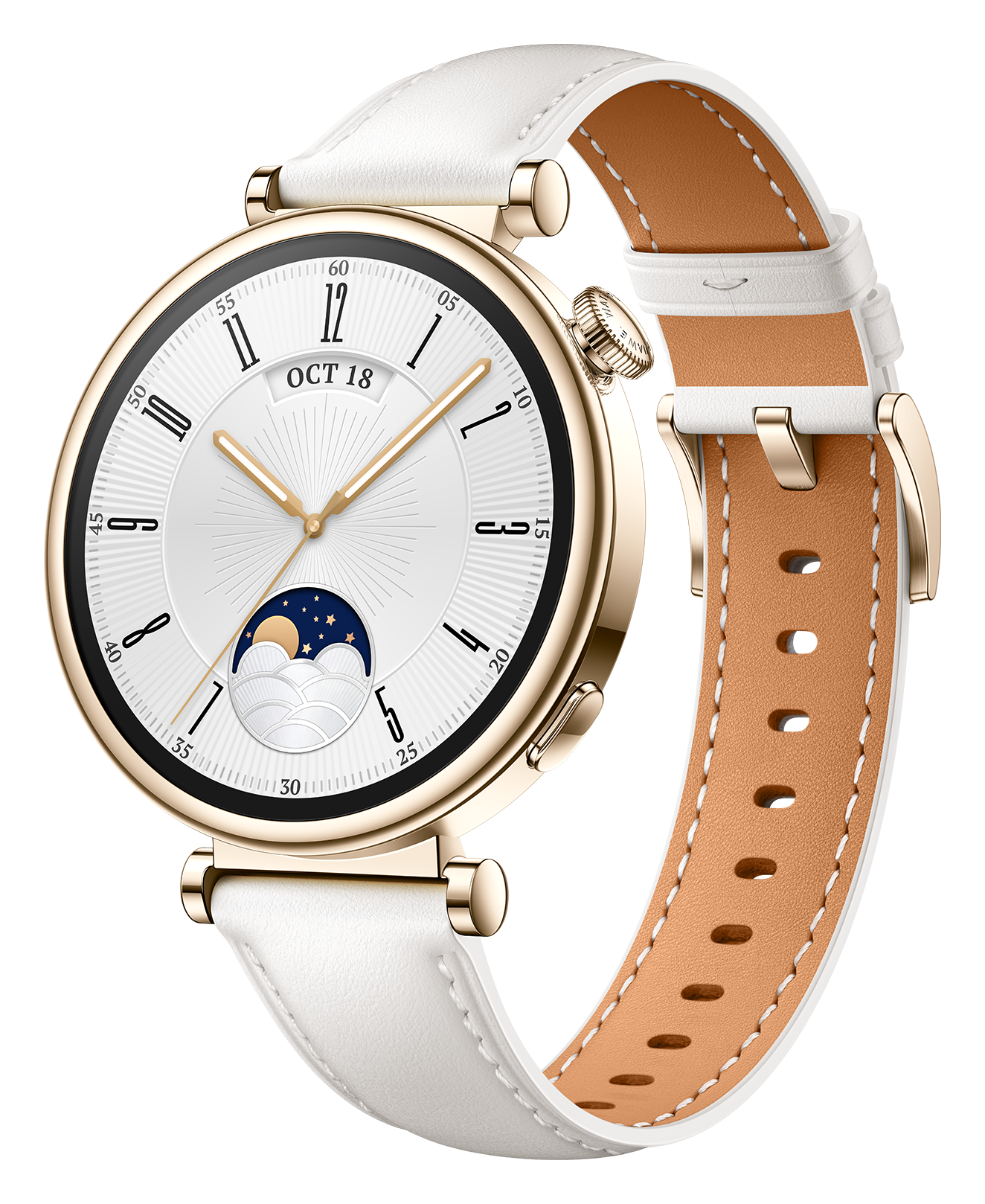 Huawei Watch GT 4 41mm Gold Stainless White Leather strap front right