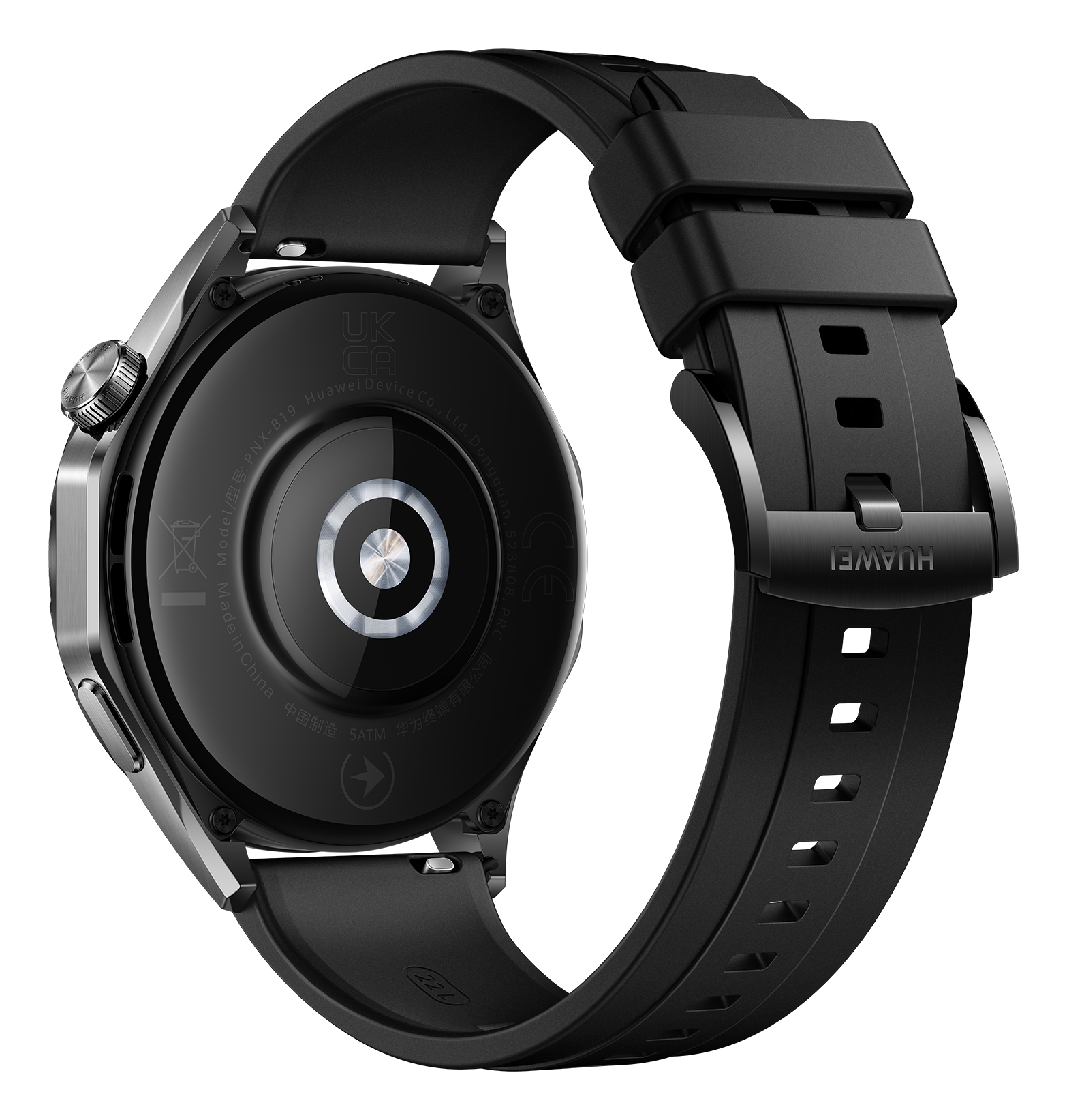 Huawei Watch GT 4 46mm Black Stainless Black Fluorelastomer strap back right