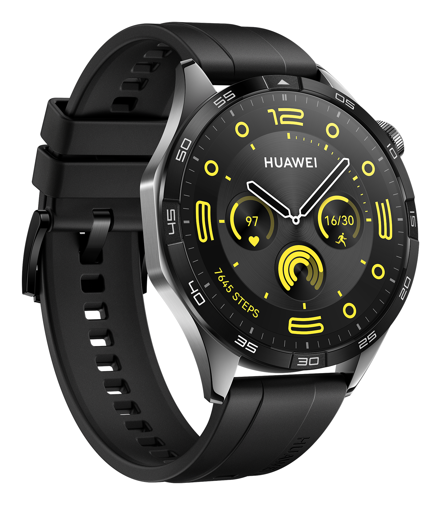 Huawei Watch GT 4 46mm Black Stainless Black Fluorelastomer strap front left