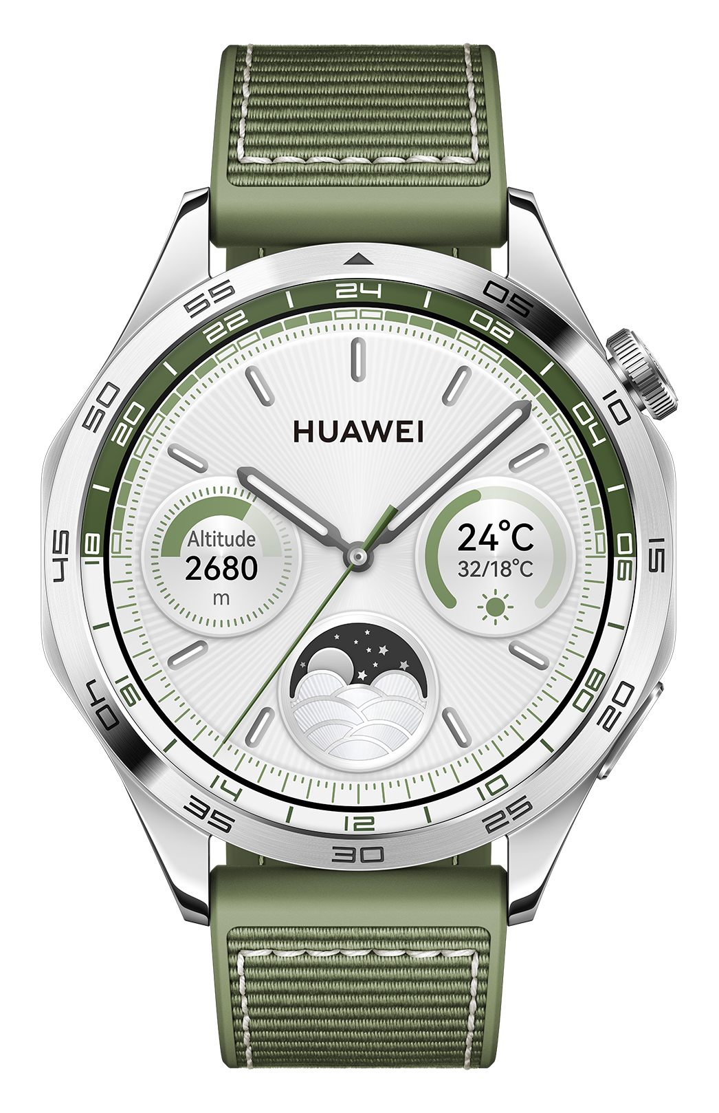 Huawei Watch GT 4 46mm Silver Stainless Green Woven strap front