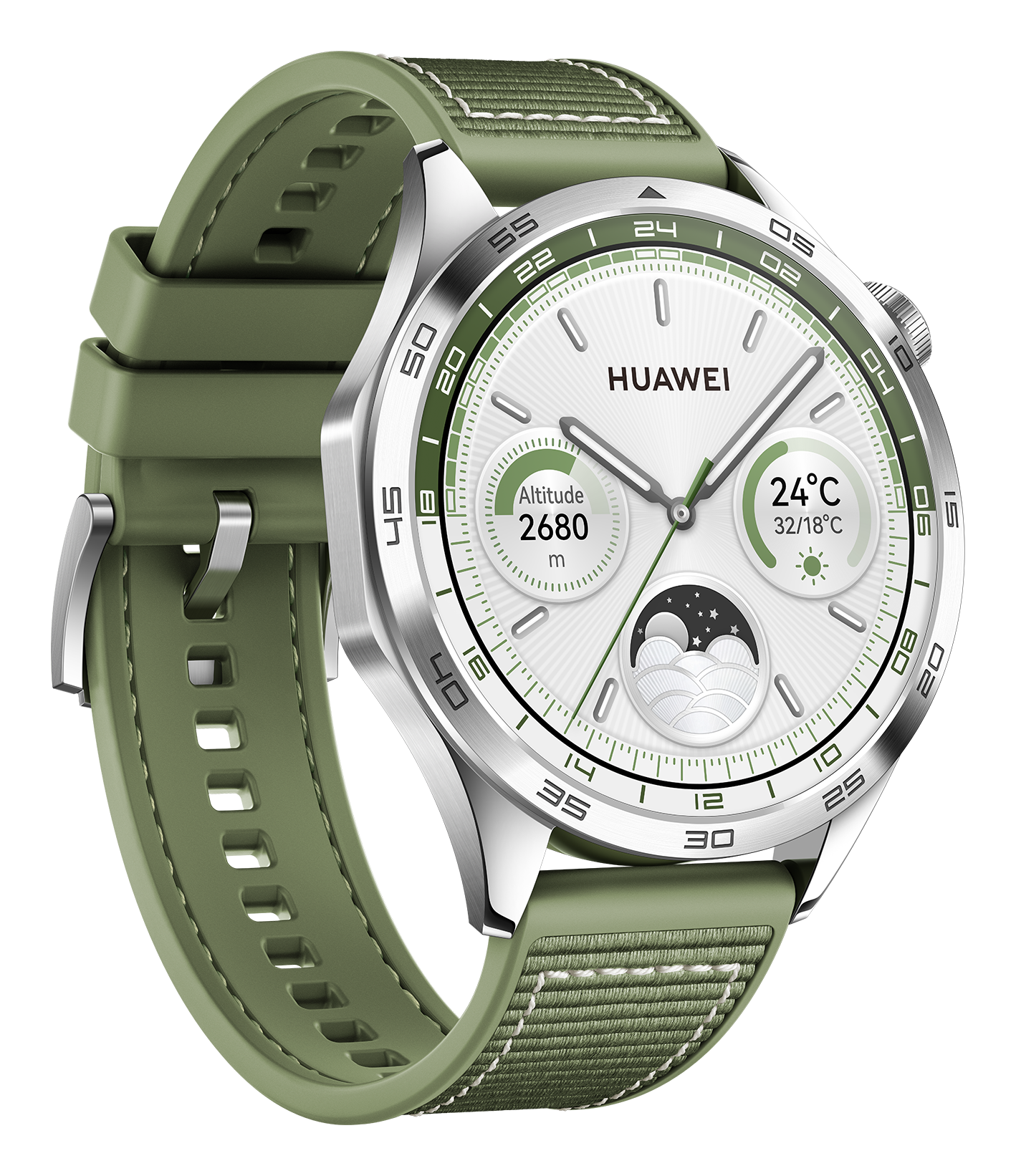 Huawei Watch GT 4 46mm Silver Stainless Green Woven strap front left
