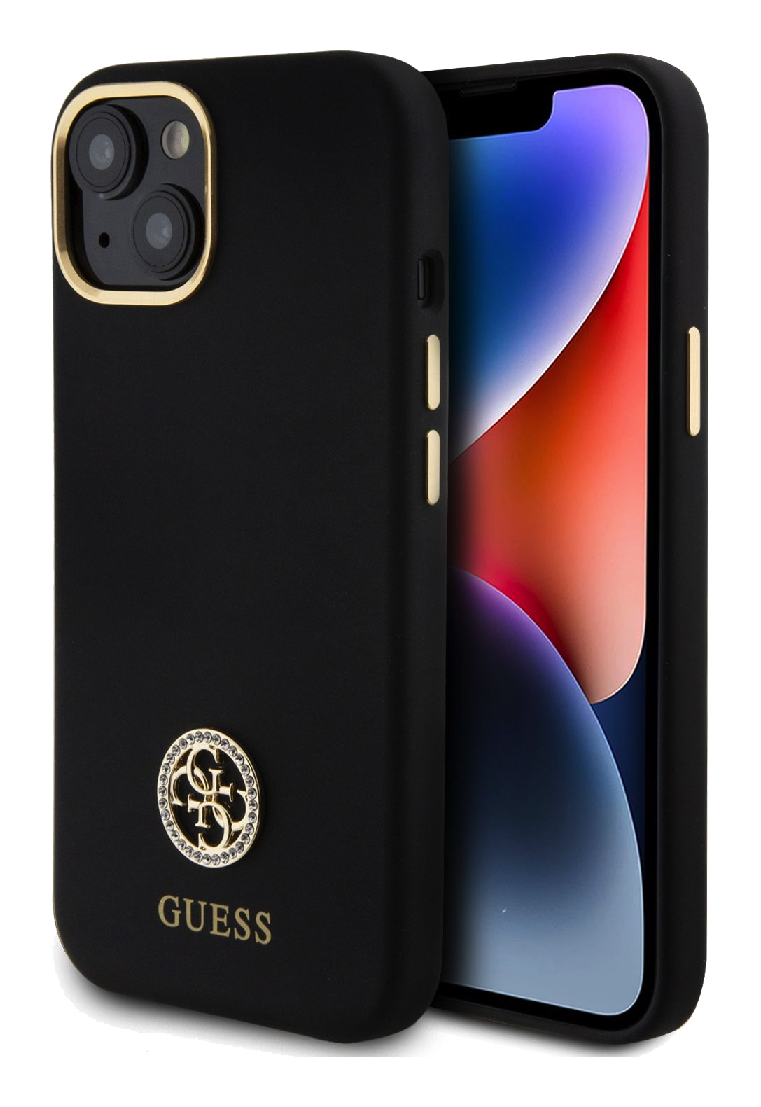 iPhone 15 Guess Liquid Silicone Metal Logo Strass Black back front