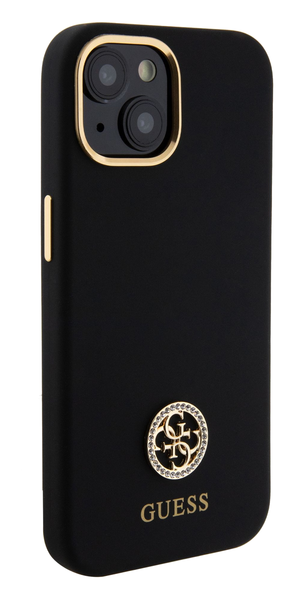 iPhone 15 Guess Liquid Silicone Metal Logo Strass Black back right