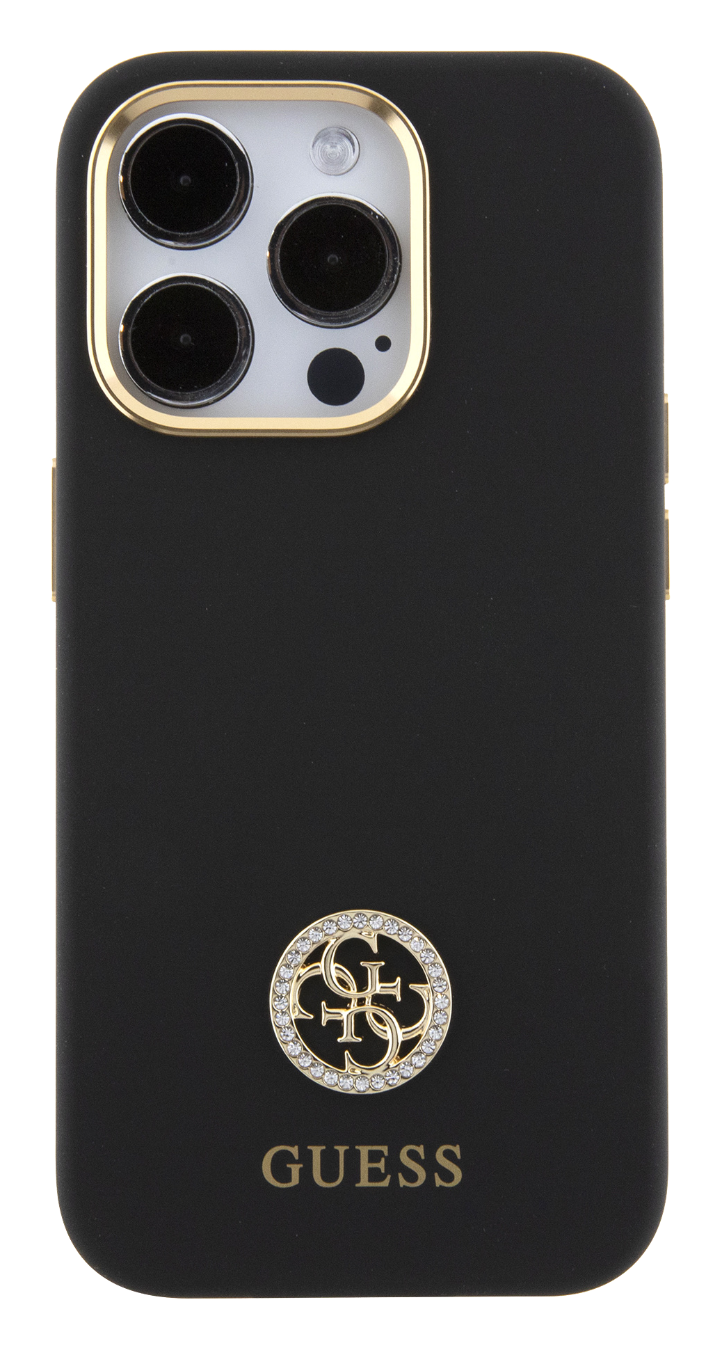iPhone 15 Pro Guess Liquid Silicone Metal Logo Strass Black back