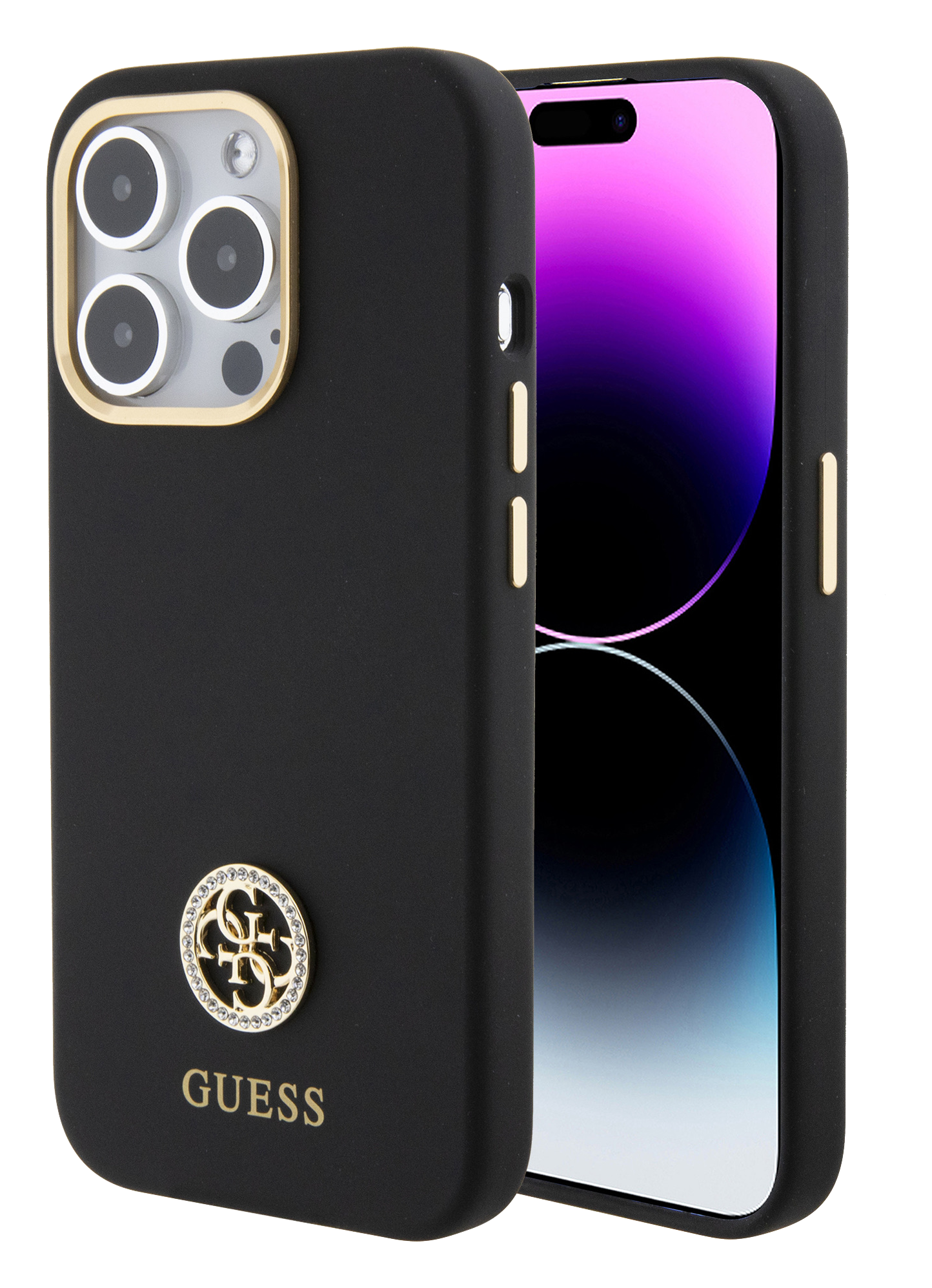 iPhone 15 Pro Guess Liquid Silicone Metal Logo Strass Black back front