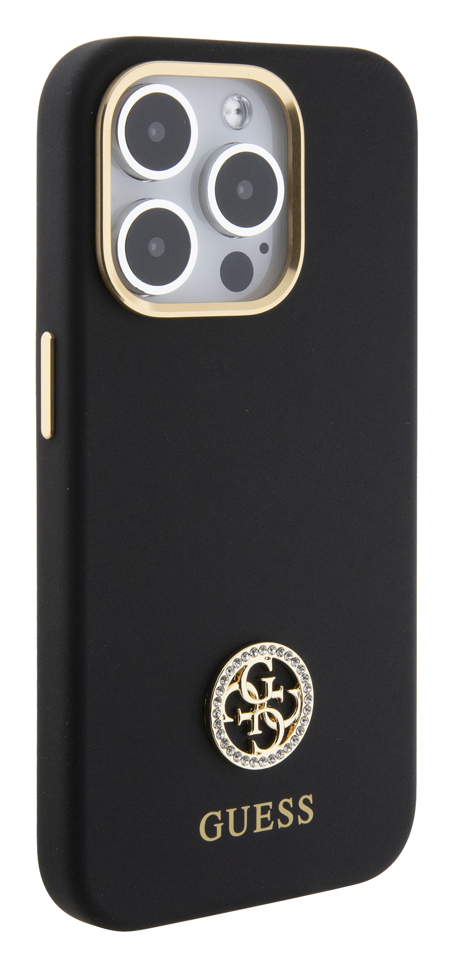 iPhone 15 Pro Guess Liquid Silicone Metal Logo Strass Black back right