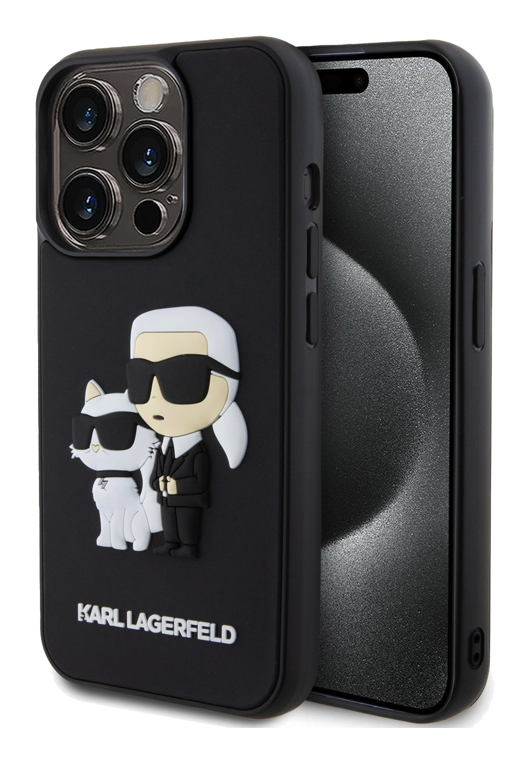 iPhone 15 Pro Karl Lagerfeld and Choupette 3D Rubber Black back front
