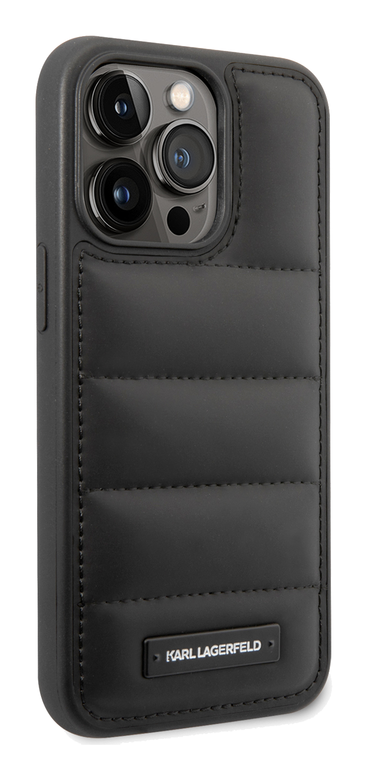 iPhone 15 Pro Karl Lagerfeld Quilted Puffy Metal Logo Black back right