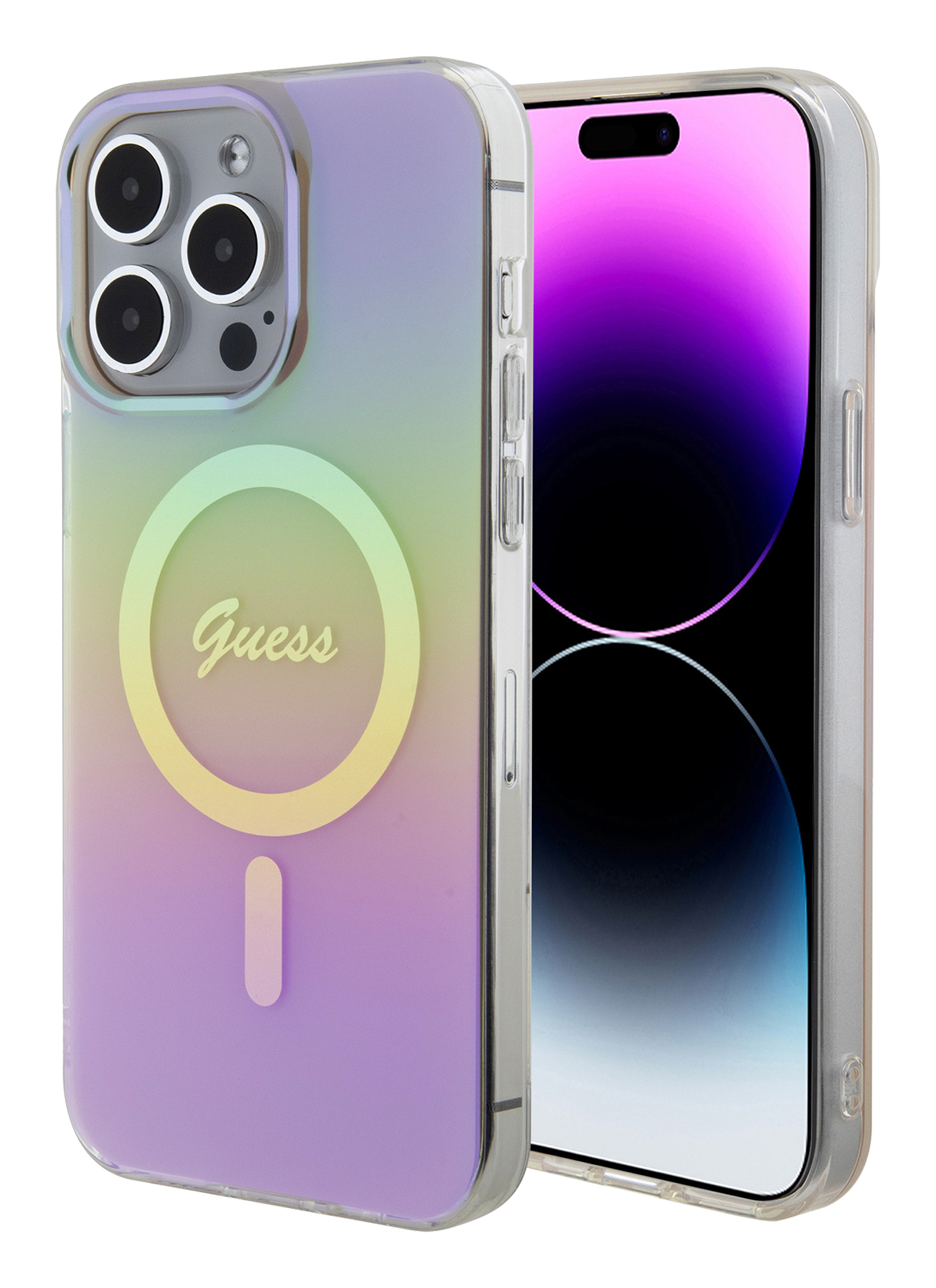 iPhone 15 Pro Max Guess Iridescent Finish Script Magsafe Pink back front