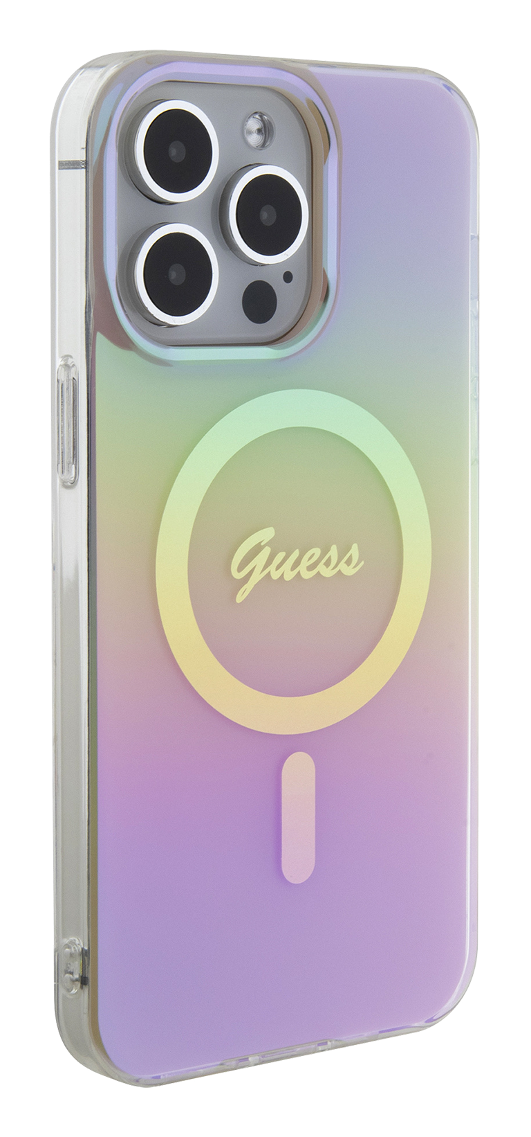 iPhone 15 Pro Max Guess Iridescent Finish Script Magsafe Pink back right