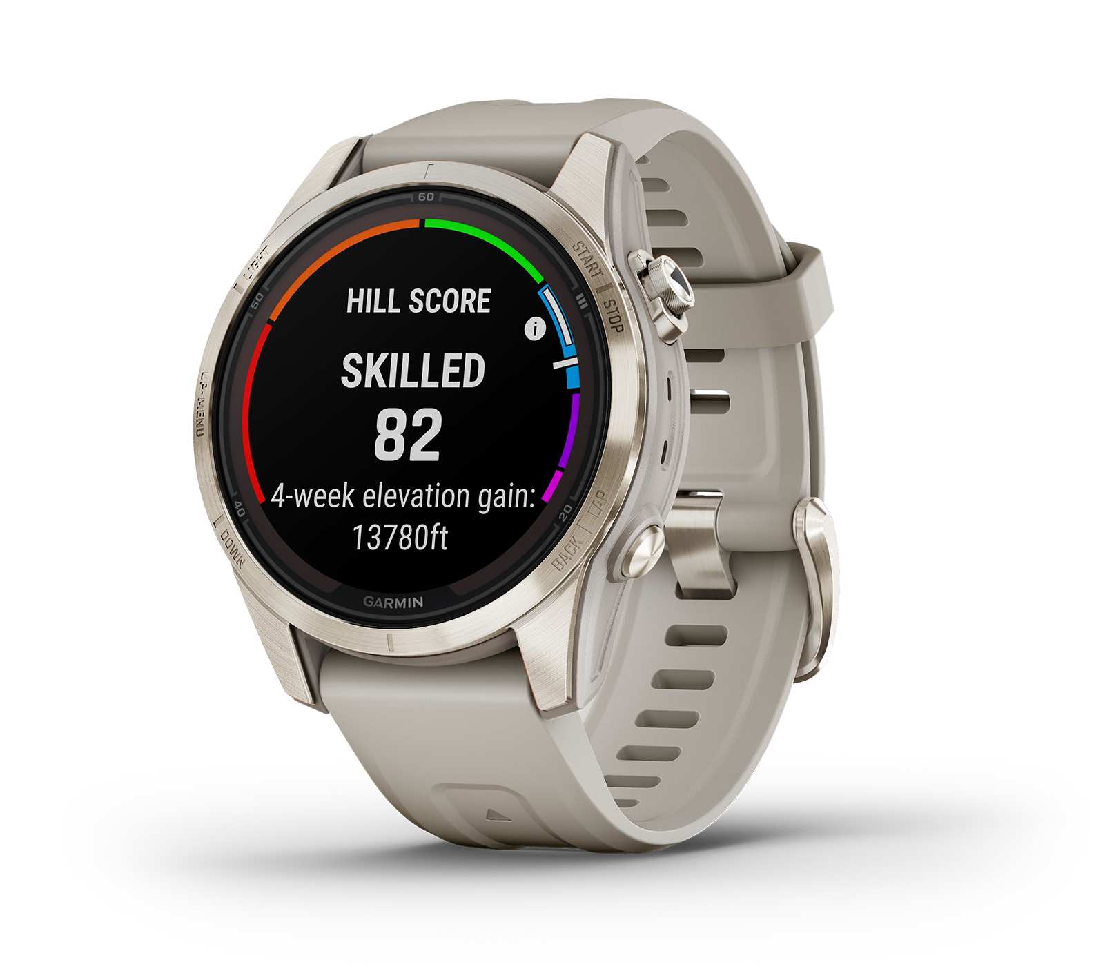 Garmin Fenix 7S Pro Sapphire Solar Soft Gold with Sand Band front right