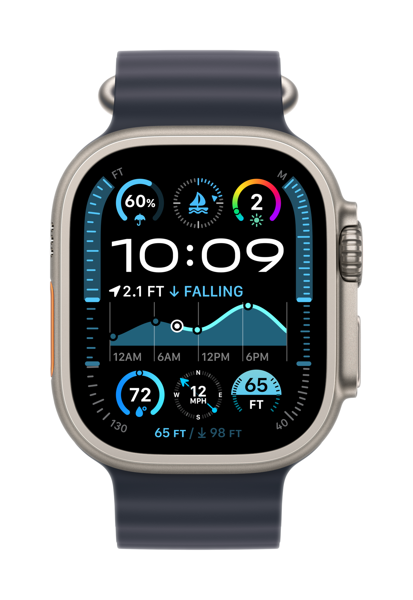 apple watch ultra 2 cellular 49mm natural titanium navy ocean band pure front screen usen