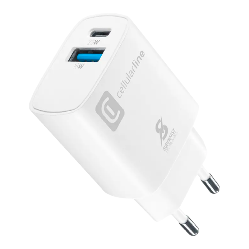 Cellularline USB-C & USB-A 25W tīkla lādētāja adapteris 