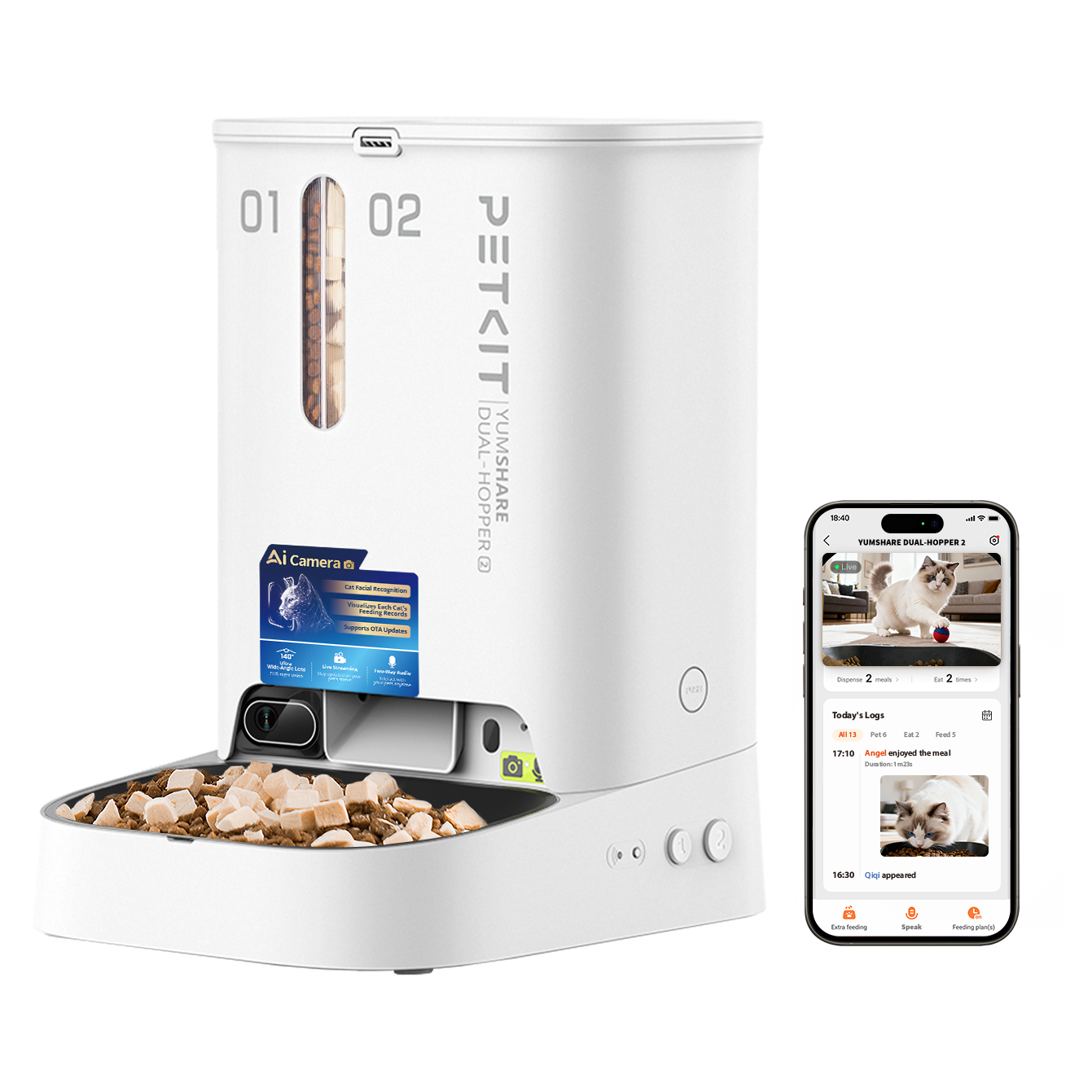 2 petkit yumshare dual hopper 2 feeder with camera white