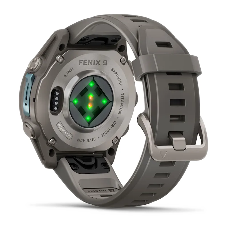 5 garmin fenix 9 43mm titanium with pebble gray silicone band